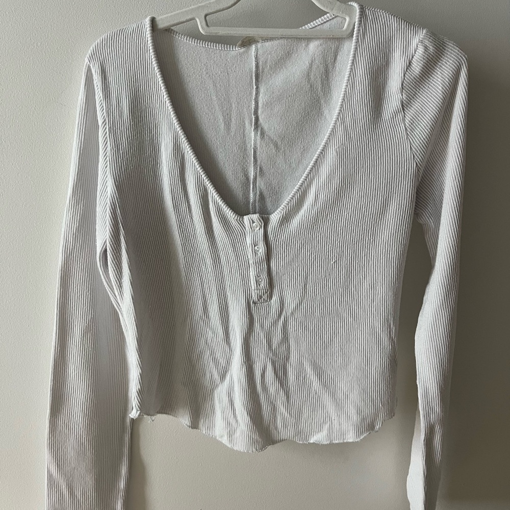 Free People White Ribbed Long Sleeve